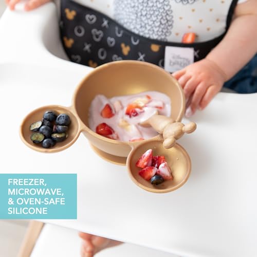 Bumkins Disney Baby Bowl, Silicone Feeding Set with Suction for Baby and Toddler, Includes Spoon, First Feeding Set, Essentials for Baby Led Weaning for Babies Eating 4 Months Up, Minnie Mouse Gold - color: D4 Mickey Mouse-Gld, style: Disney