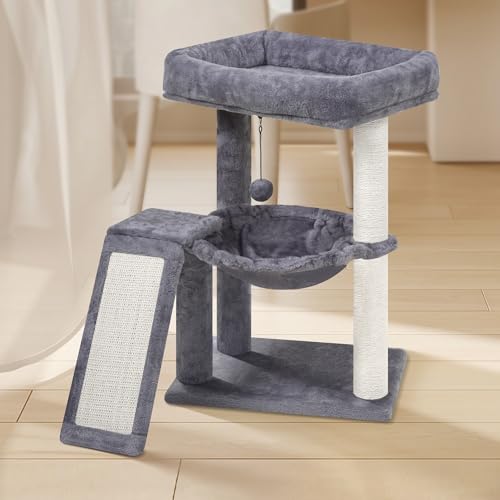 YOUPET Cat Tree with Cat Scratching Post for Indoor Cats, Cat Tower with Scratching Board and Playful Toy Balls, Cat Tree Tower with Cozy Hammock,Grey - color: Grey
