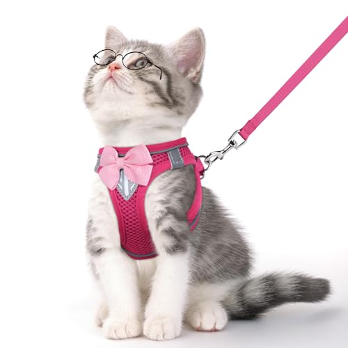 Cat Vest Harness and Leash Set, Escape Proof Kitten Harness Pink XS | Safe Reflective Strips, Adjustable Easy Wear Kitty Harness, Sturdy Clip Buckle, Breathable Mesh , for Kitty Puppy Bunny Walks - color: Pink, size: XS
