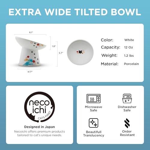 Necoichi Ceramic Raised Cat Food Bowl, 15° Tilted (Fuji, Extra Wide Tilted) - color: Fuji, size: Large Extra Wide Tilted