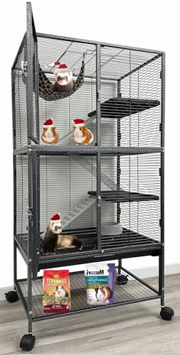 Large Two Full Story Deluxe Double Unit 4-Tiers Tight 1/2-Inch Bar Spacing Durable Front Doors Water Bottle Food Bowl for Feisty Ferret Squirrel Hammock Rat Gerbil Small Animal Critter Rolling Cage