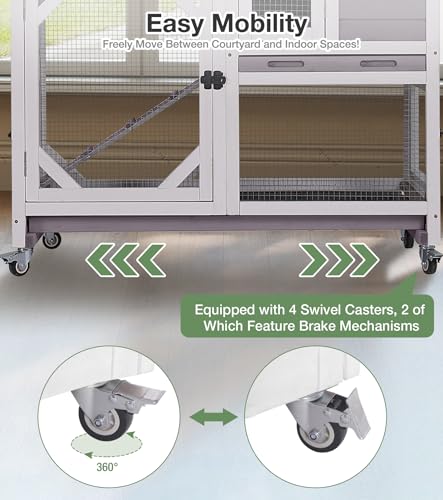 Rabbit Hutch 2-Story Wooden Bunny Cage with 2 Leak-Proof Sliding Trays, Chew-Proof Metal Mesh, Rainproof Cover, Indoor & Outdoor Guinea Pig House with Wheels - Grey - color: 39"L Grey