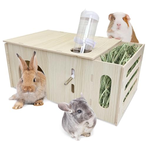 Hamiledyi Guinea Pig Hideout with Hay Feeder and Water Bottle Natural Wooden Chinchilla House Bunny Castle Small Animal Hideout for Rabbit Chinchilla Bunny and Guinea Pig