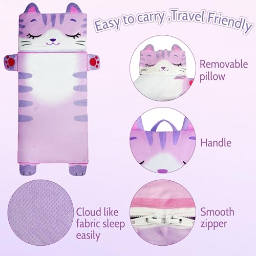 Wizland Sleeping Bag for Kids,Portable Daycare Nap Mat -61.8"×28.3" for 3 4 5 6 7 8 - color: Kid Cat Sleeping Bag+Pillow