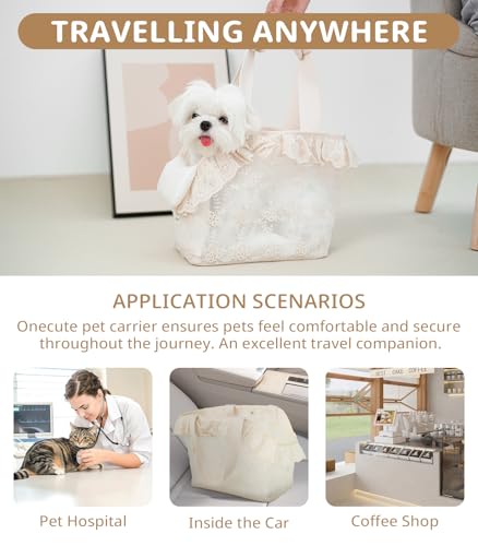 ONECUTE Dog Carrier for Small Dogs Rabbit cat with Lace Design, Cotton Bag, Dog Carrier Soft Sided, Collapsible Travel Puppy Carrier (Beige, 9.4" L x 5.9" W x 9.4" H) - color: Beige Lace, size: 9.4" L x 5.9" W x 9.4" H