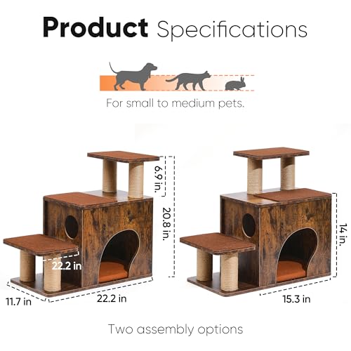 FUKUMARU 3-in-1 Pet Stairs, Retro-style Dog Steps for Cats and Small Dogs, Wooden Cat Stairs for High Bed with Scratching Post, Dog Ramp for Couch with Cat Condo Cave, Easy to Clean & Aesthetic Design - color: Brown
