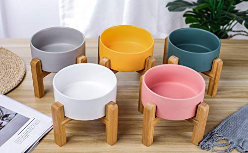 Pink Ceramic Elevated Raised Cat Bowl with Wood Stand No Spill Pet Food Water Feeder Cats Small Dogs - color: Pink, size: Medium Dog Bowls 850ML*1