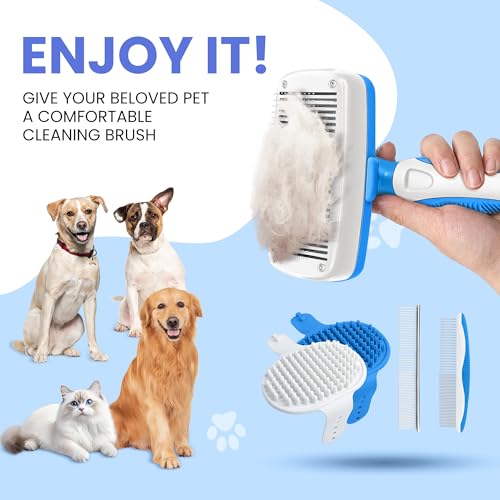 Self Cleaning Shedding Brush - 5-in-1 Professional Pet Grooming Kit Skin Friendly Grooming Tool for Dogs, Cats, and Puppies, Deshedding and Hair Removal for Long and Short Haired Pets（Blue-White） - color: Blue-White