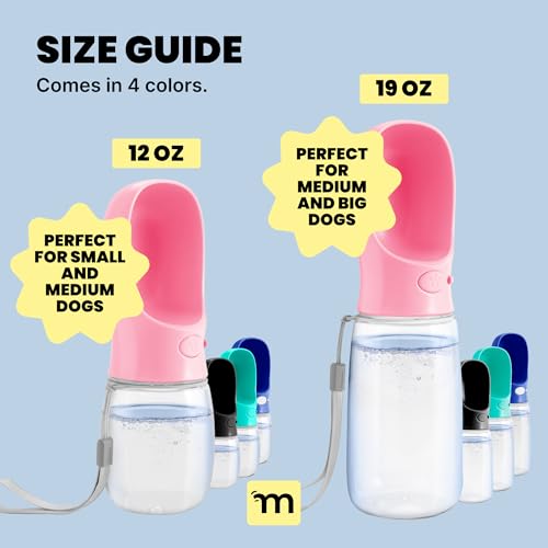 MalsiPree On the Go Dog Water Bottle - 12 oz Pink, Leak-Proof | 12oz leak-proof bottle & built-in bowl - one-hand use - Use for dog travel, hiking, park & beach days - color: Pink, size: 12oz - Standard