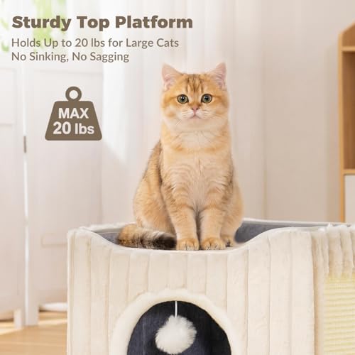 Avont 3-in-1 Cat Cave Bed for Indoor Cats with Scratch Pad | Scratch Pad & Hanging Ball, Large Hideaway for up to 20 LBS, Washable Cushion, Foldable Design, Available in Grey & Cream - color: Cream