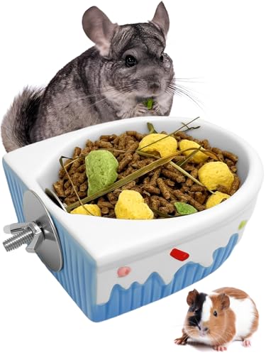 Chinchilla Food Bowl Ceramic Guinea Pig Cage Feeder Hanging Bunny Food Dish Small Animal Feeding Bowls for Syrian Hamster Ferret Gerbils (Blue) - color: Blue