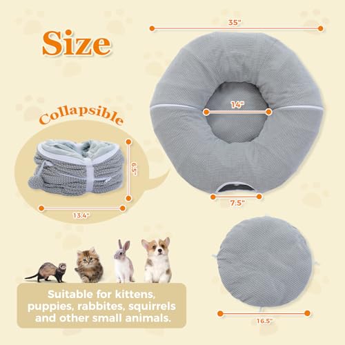 PEQULTI Cat Donut Tunnel with Bed for Indoor Cats, Cat Play Tunnel with Washable Soft Plush Mat, Round Tube Toys Cute Tube for Kittens, Puppies, Rabbits and Ferrets, Grey - color: New Gray