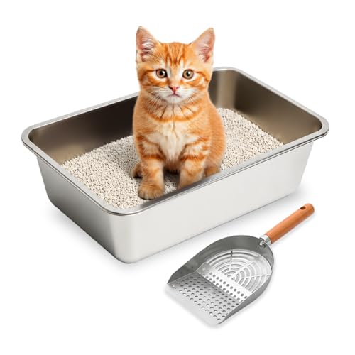 Stainless Steel Cat Litter Box with Scoop, 17.5 x 14 x 6 in – Heavy Duty Metal Litter Pan with High Sides for Medium Cats and Kittens