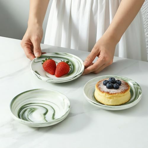 3 PCS Ceramic Cat Bowls, 5.5 in Pet Bowl Cat Dishes for Food and Water, Small Dog Dish(Marble Green) - color: Marble Green