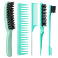 5 Pcs Slick Back Hair Brush Boar Bristle Smoothing Hair Brush with Edge Brush Rat Tail Comb Wide Tooth Comb for Men Women Smooth Frizz Flyaways, Green - color: Green