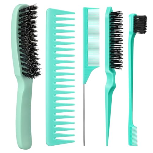 5 Pcs Slick Back Hair Brush Boar Bristle Smoothing Hair Brush with Edge Brush Rat Tail Comb Wide Tooth Comb for Men Women Smooth Frizz Flyaways, Green - color: Green
