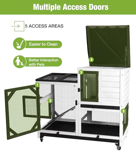 GUTINNEEN Duplex Rabbit Hutch Indoor with Chew-Proof Frame & 2 Leak-Proof Sliding Trays, Rain Cover, Wooden Guinea Pig Cages with Wheels - Black and White - color: Black and White