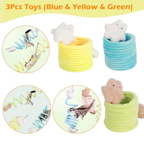 3Pcs Elastic Sugar Glider Climbing Rope Toys, Hanging Cage Accessory | Enrichment Toys Wrapped in Short Plush for Soft Touch & Spring Design Boost Climbing Fun & Build Small Pets’ Climb Strength - color: 3pcs blue & yellow & green