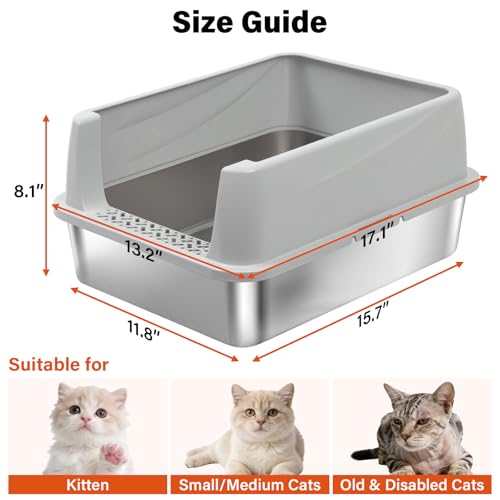 Stainless Steel Litter Box for Kitten,Metal Litter Box with Lid S | Cat Litter Box High Sides,Small Cats,Open Design,Indoor,1-Mat and 1-Scoop,Easy to Clean, No Odor,Anti-Urine Leakage - color: S-M-lid-10"H