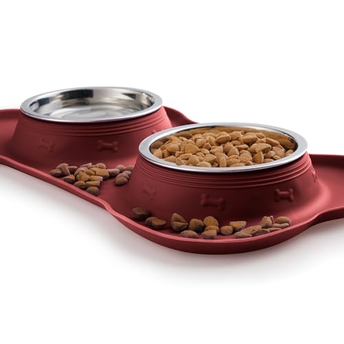 Hubulk Pet Dog Bowls 2 Stainless Steel Dog Bowl with No Spill Non-Skid Silicone Mat + Pet Food Scoop Water and Food Feeder Bowls for Feeding Small Medium Large Dogs Cats Puppies (Burgundy, Small) - color: Burgundy, size: Small