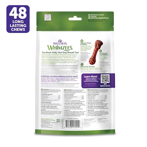 Whimzees Wellness Brushzees Natural Dog Dental Treat, VOHC Accepted Chews, Freshens Breath, Extra-Small Size, 12.7 oz Bag, 48 Count - size: 48 Count (Pack of 1)