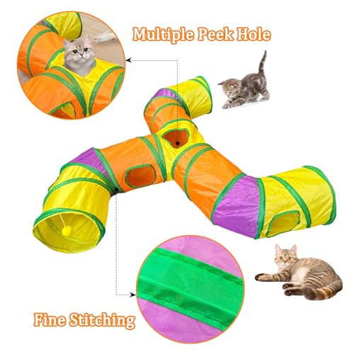 3-Way Cat Tunnels for Indoor Cats with Peek Hole, Large Foldable Rainbow Pet Tube Toy with Hanging Ball, Fun Interactive Toys for Kittens, Rabbits, Small Dogs - size: T Shape