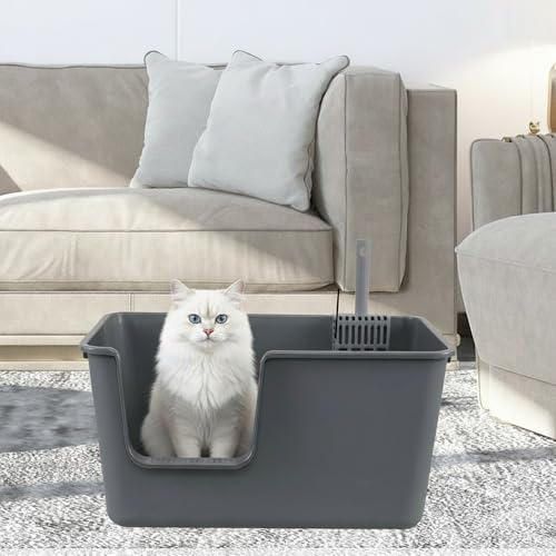 4 Packs Large Open Top Cat Litter Box, High Sides Cat Litter Pan, Anti-Splash & Low Entry, Including 4 Cleaning Scoops for Multiple Cats, Large Breed, Gray