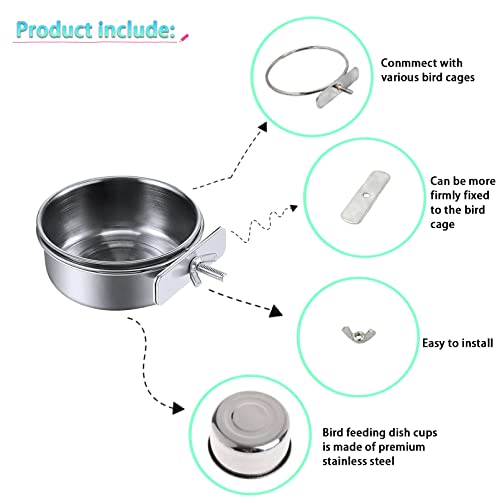 kathson Parrot Feeding Dish Cups,Stainless Steel Bird Food Water Bowl Parakeet Feeder Birds Cage Ball Toys with Clamp Holder for Cockatiel Macaw Budgies Small Animal Chinchilla (7 Pcs) - size: 【M:4.7x2.2 Inches】
