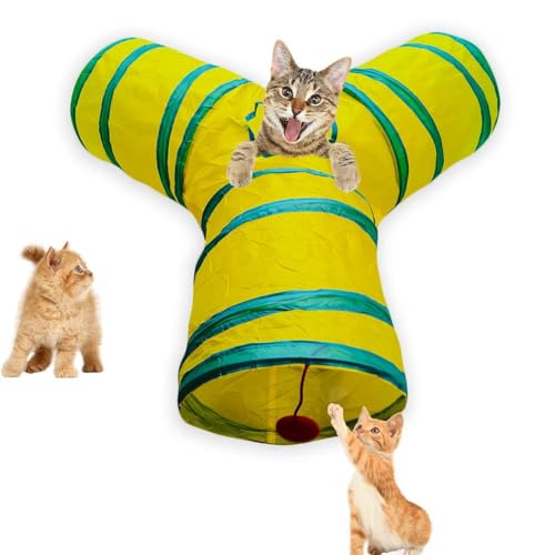 Cat Tunnel Tube Toys, 3 Ways Tunnels for Indoor Cats with Play Ball | Collapsible Pet Tube with Interactive Peephole Interactive Toy for Rabbits, Kittens, Ferrets, Puppy(Yellow Green) - color: 3 Way Yellow Green