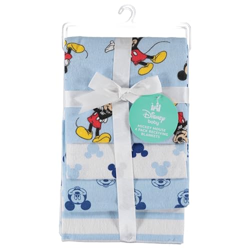 Disney Baby 4-Pack Receiving Blankets — 100% Cotton Flannel, 28" x 28" — Available in Mickey, Minnie, Pooh, Stitch or Angel — Soft Swaddle, Burp & Stroller Blankets — Gift-Ready with Ribbon Bow - color: Mickey Mouse Cool Poses