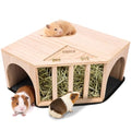 Kalolary Wooden Guinea Pig Corner Hideout with Pee Pad, Small Animal Hideout with Hay Feeder Dual Entrances Hamster Hideout for Bunny Chinchilla Mice Dwarf Gerbils Mouse Hedgehog Playing Hiding