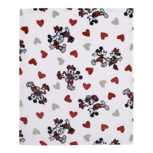 NoJo Disney Mickey Mouse & Minnie Mouse Red, Gray, and White Valentine Hearts Super Soft Plush Baby Blanket