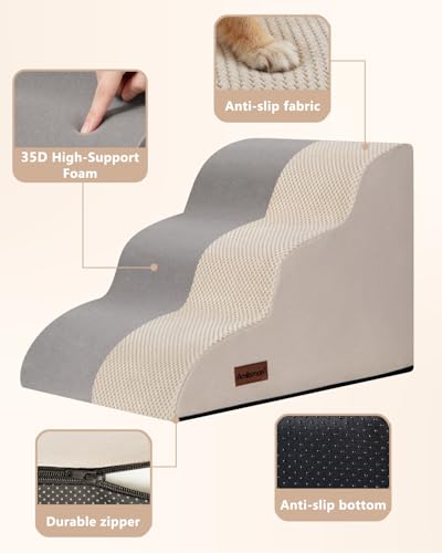 Aodisman Dog Stairs for Small Dogs,3 Step Dog Ramp for Couch,Non-Slip Steps | Pet stairs help small dogs, old cats, and puppies reach couches and chairs easily, durable indoor dog steps,15.4" H,Beige - color: Beige