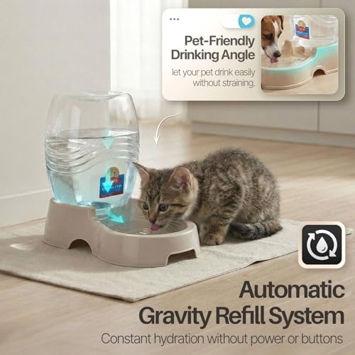 Flexzion Gravity Pet Water Dispenser for Cats & Small Dogs, 1/4 Gal Beige | Automatic Cat and Dog Waterer with 900 Ml Reservoir, Non-Skid Feet, Recessed Carry Handle, and Easy-Clean Pp Bowl - color: Beige, size: 0.9 L