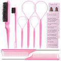 Hair Styling Tool Set 8 Pieces -4 Topsy hair Tail Tools 2 Rat Tail Combs, 1 Slick Back Hair Bristle Brush and 1 Edge Control Brush, Woman Girl Pink