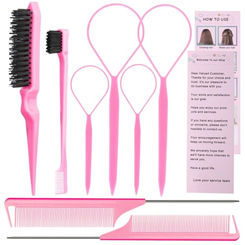 Hair Styling Tool Set 8 Pieces -4 Topsy hair Tail Tools 2 Rat Tail Combs, 1 Slick Back Hair Bristle Brush and 1 Edge Control Brush, Woman Girl Pink