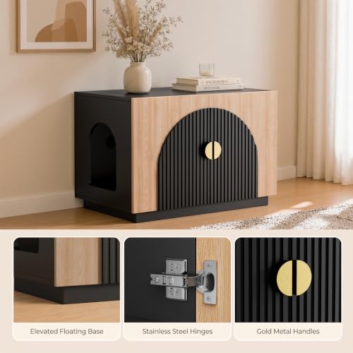 Amunrbrek Cat Litter Box Enclosure Furniture, 31.5" Arched Fluted Cabinet - color: Black and Natural