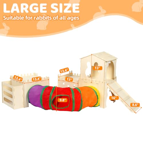Extra Large Wooden Rabbit Hideout with Tunnels and Hay Feeder - Multistory Bunny Castle with Stairs, Climbing Tower and Sturdy Habitat for Indoor Bunnies, Guinea Pigs, Chinchillas Small Animal - color: -Natural -02