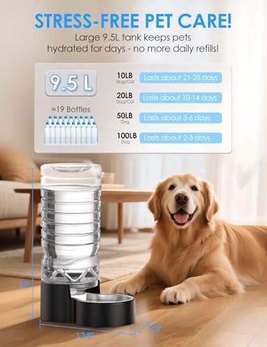 Heouvo 2.5 Gallon Automatic Dog Water Dispenser (9.5L-Black) | Wide Mouth, Easy Clean/ Removable Stainless Steel Bowl/ Gravity Refilling, Large Capacity for Cats and Dogs, Multi-Pet Homes - size: 9.5L