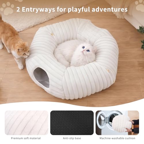Dogpals Cat Tunnel Bed Cave 33" Lx10 Wx10 H for Indoor Cats (White) | Washable Cozy Cushion, Soft Striped Plush Fabric, Hideaway Peekaboo Cave for Kittens, Puppies, Rabbits & Small Pets - color: White
