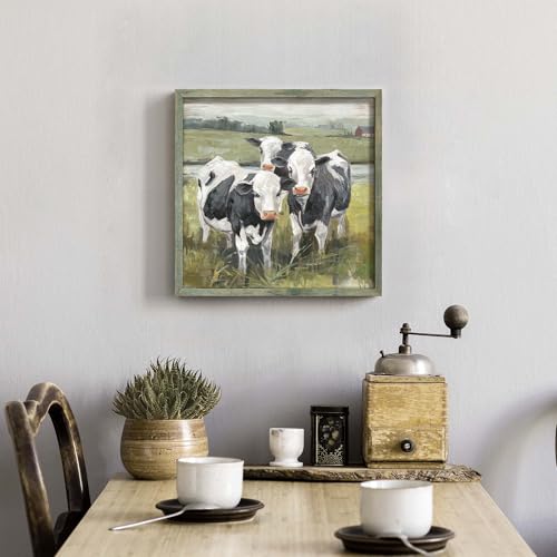 Farmhouse Framed Wall Art Decor: Rustic Farm Animal Wood Print Country Cow Picture Artwork Rural Countryside Painting for Living Room Bedroom Office 16 x 16 Inches - color: Farm Cow, size: 16L" x 16W"