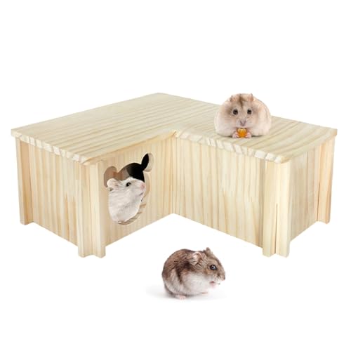 Wooden Hamster Platform and Dwarf Hamster House,Cute Syrian Hamster Tiny House Hideout,Large Balcony Lookout Holes,for Dwarf Gerbils and Mouse Mice Rat Other Small Animals(F) - color: BrownG