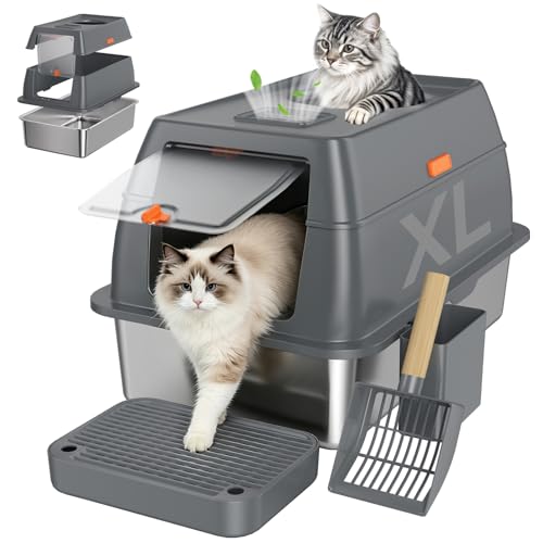 XL Enclosed Stainless Steel Litter Box with Lid, Dark Gray | covered, High Sided, Rustproof & Leak Proof, Easy Clean, Odor Control, Includes Scoop & Step - color: Dark Gray