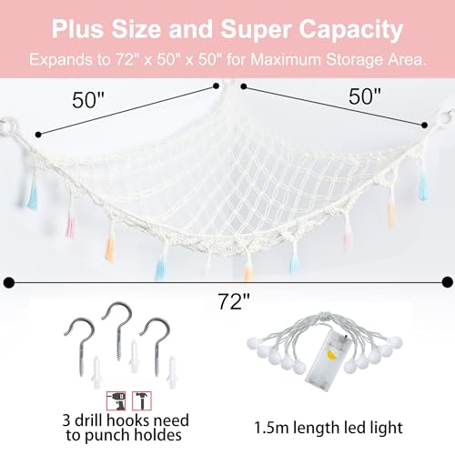 Stuffed Animal Net or Hammock with Light,Yewiwin Macrame Hanging Net Hammock for Stuffed Animal Toy Storage Organizer Boho Decor Room Holder for Nursery Play Room Bedroom (Beige(55"*55"*72")) - color: Beige(55"*55"*72")