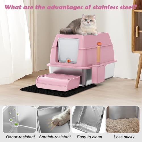 SZEE XL Stainless Steel Litter Box with Lid, Extra Large Metal Covered Litter Box, Stainless Box Easy Clean, Activated Charcoal Odor Control Design, Includes Litter Scoop & Mat & Step, Pink - color: Pink