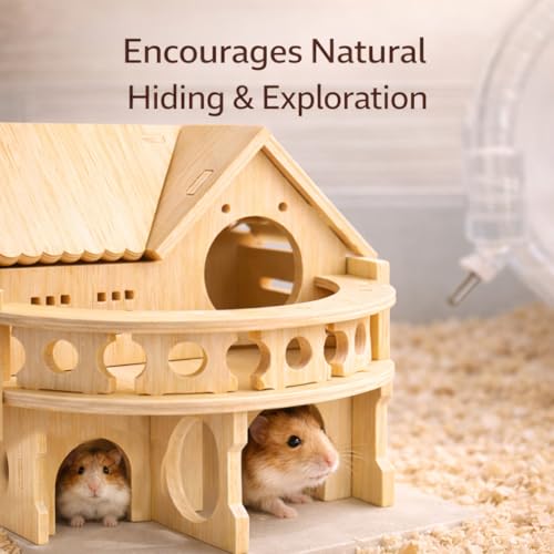 Improved Safety Large Balcony Small & Cute Wooden Hamster House with Large Balcony – Double-Decker Forest-Style Hut for Dwarf Hamsters, Mice, Gerbils, Rats & Small Pets (Compact Size Only)