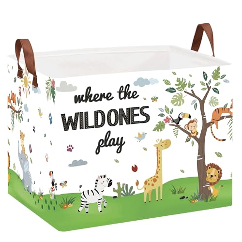 Jungle Safari Nursery Decor Basket -Elephant Giraffe Baby Boy Laundry Basket, Tropicals Laundry Hamper, Kids Toy Box Bin for Bedroom Bathroom Livingroom - color: Green 3