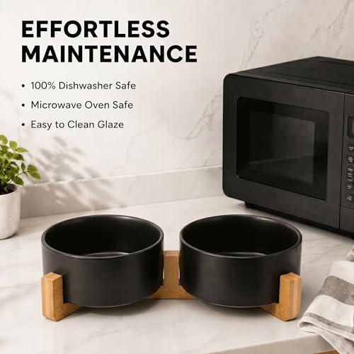 SPUNKYJUNKY Ceramic Dog and Cat Bowl Set with Wooden Stand, Modern Cute Weighted Food Water Set for Small Size Dogs (13.5OZ) & Medium Sized Dogs (28.7OZ) & Cats (3.6 Cups, 2 × Black) - color: Black × 2, size: 3.6 cups