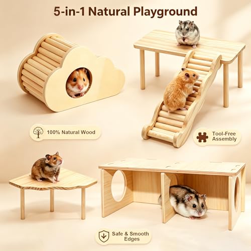 5 Pcs Wooden Hamster Toy Set, Cloud House, Peep Tunnel, Ladder & Small Tables Cage Accessories Climbing Toys for Dwarf Hamsters, Mice & Gerbils