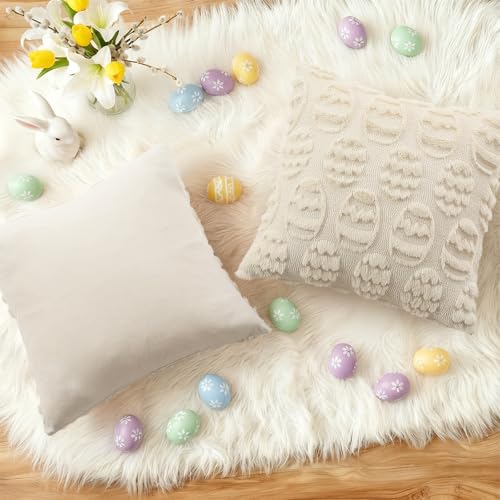 decorUhome Beige Faux Fur Egg Throw Pillow Covers 16x16 Set of 2 | Plush Soft Wool Jacquard Beige Cushion Covers, Modern Farmhouse Neutral Easter Holiday Decor Pillow Covers for Couch Sofa Bed - color: Eggs Beige, size: 16" x 16" (Pack of 2)